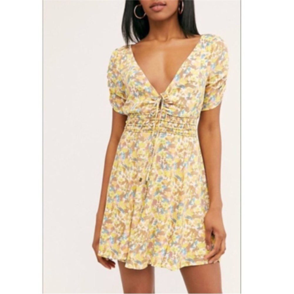 Free people forget me not floral mini dress ivory yellow brown combo size 2